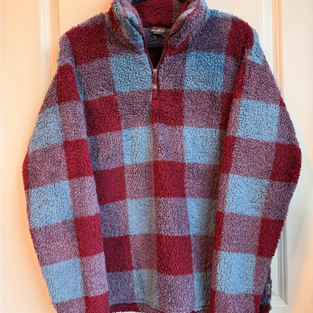 Eddie Bauer 1/4 Zip Sherpa Fleece Pullover | Blue & Maroon Checkered